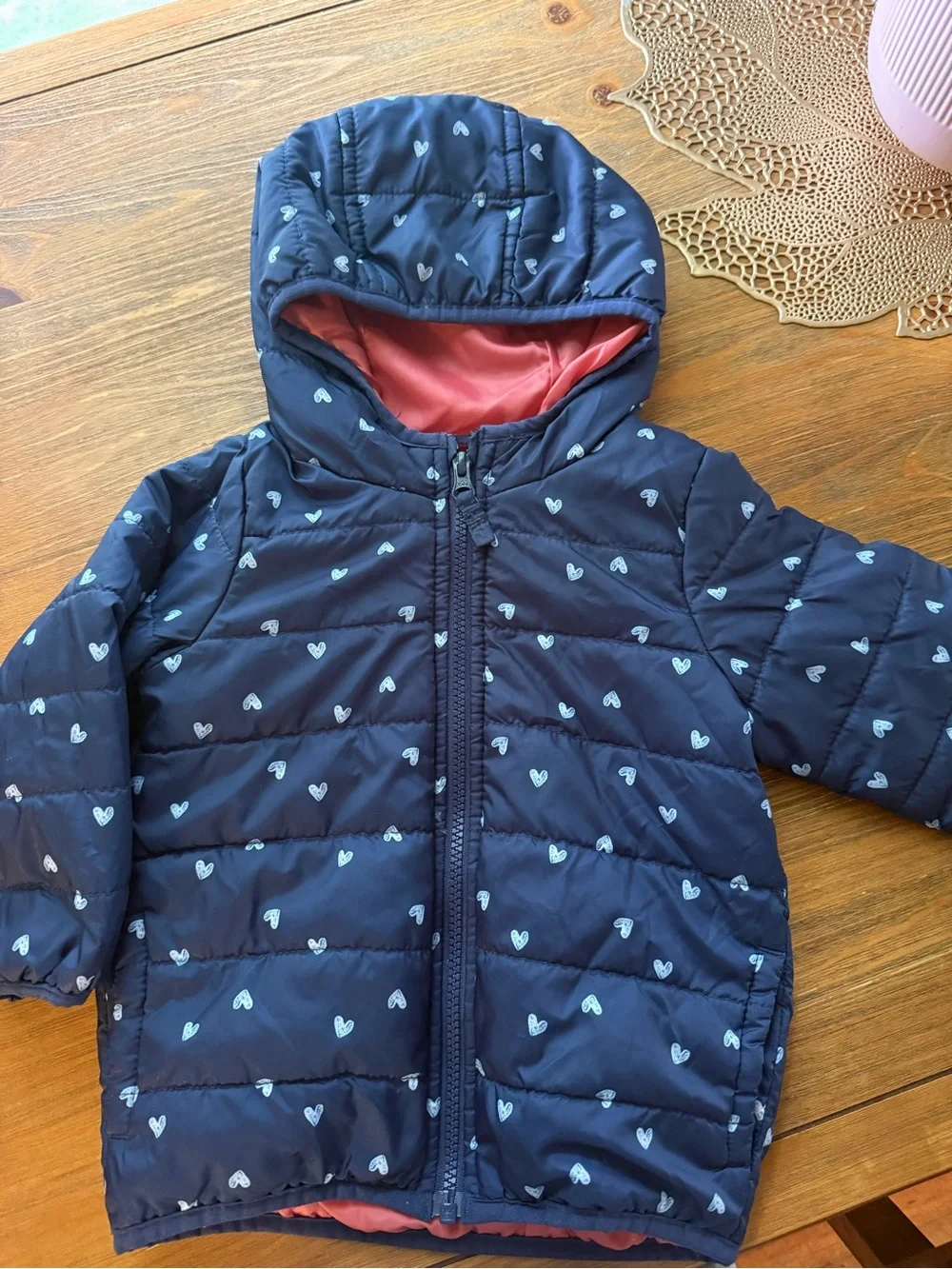 Carter's Navy Puffer Jacket with Coral Lining and White Hearts